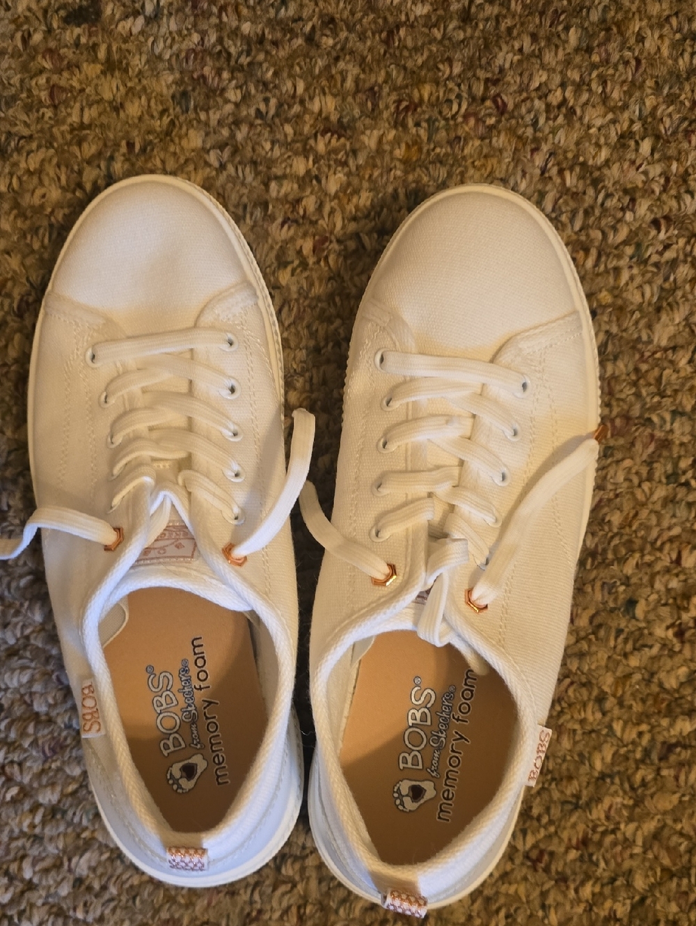 Skechers BOBS White Canvas Lace-Up Sneakers with Rose Gold Accents